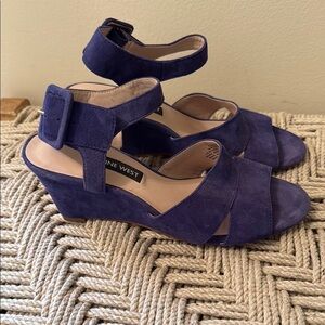 Nine West Blue Suede Leather Shoes 3" Wedge Sandal Open Toe Women 6.5